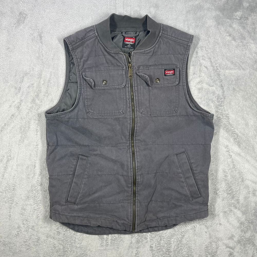 Wrangler Workwear Vest Mens Medium Gray Canvas Quilted Puffer Utility